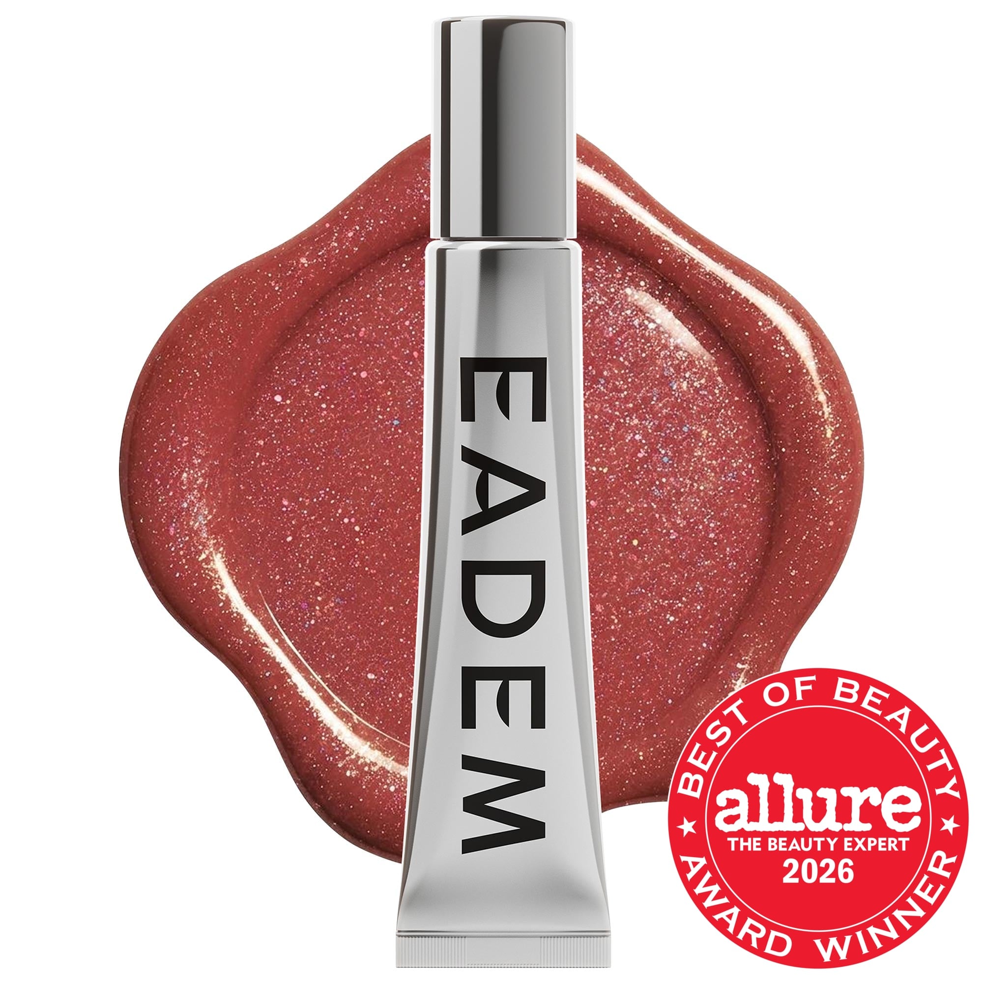 Deep red shimmery liquid lip tint tube with silver cap and Allure Best of Beauty 2026 award