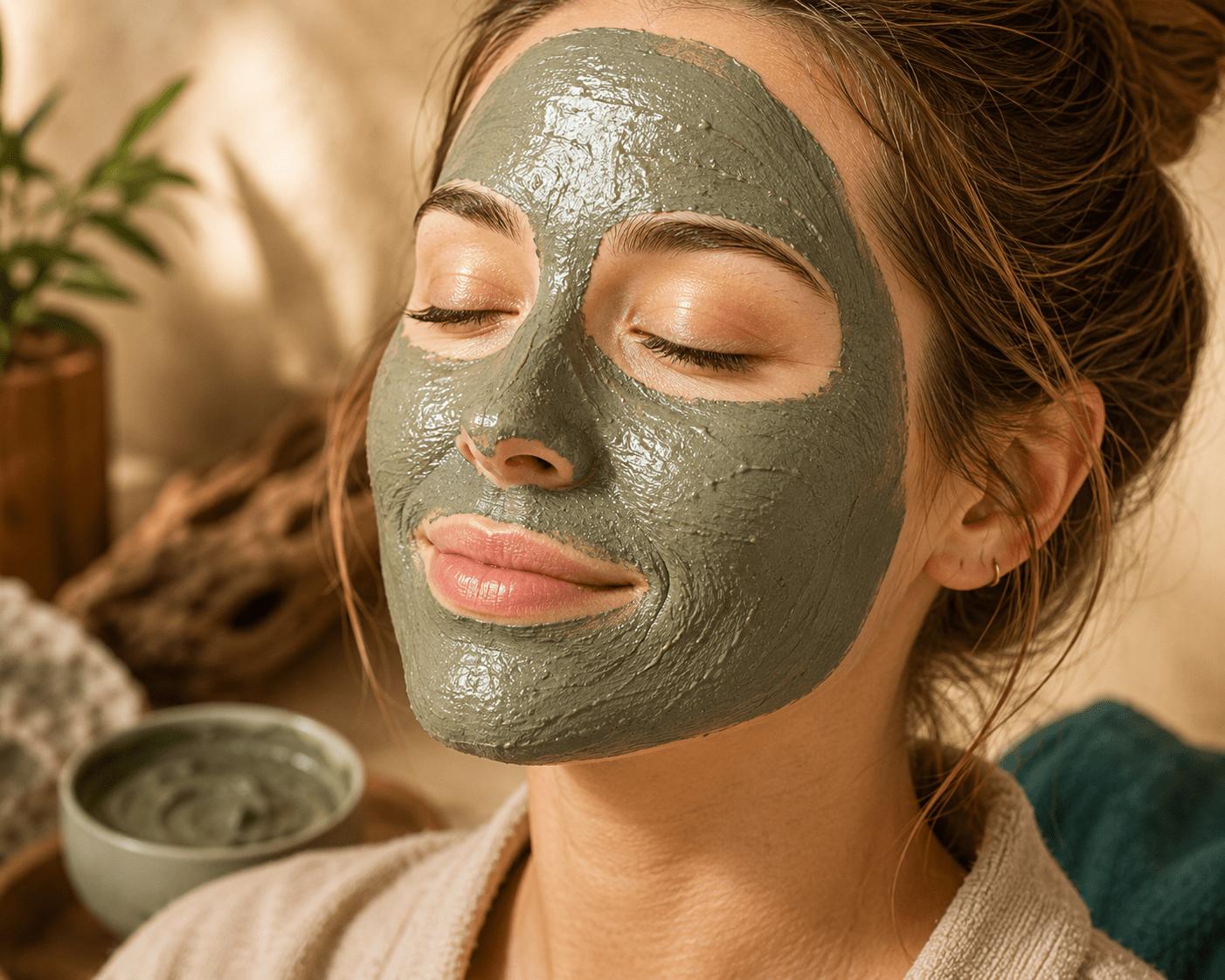 Woman's face covered in gray-green facial mask with eyes closed in spa treatment setting