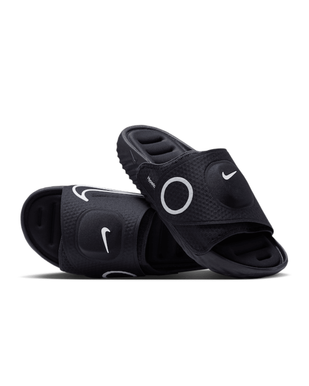 Black slide sandals with white Nike Swoosh logos shown from top view
