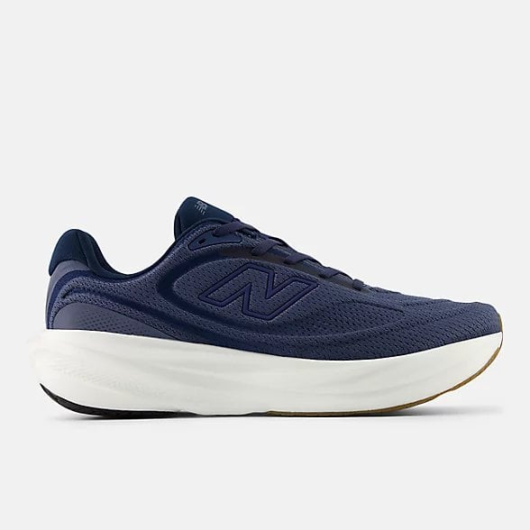 Navy blue running shoe with white midsole and curved design