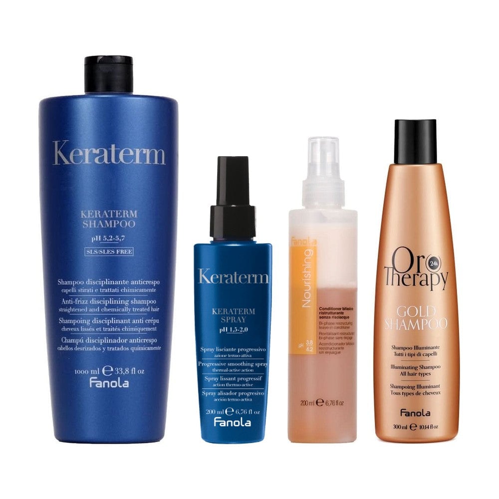 Four professional hair care products: blue Keraterm shampoo, blue spray bottle, orange and white conditioning spray, and gold illuminating shampoo