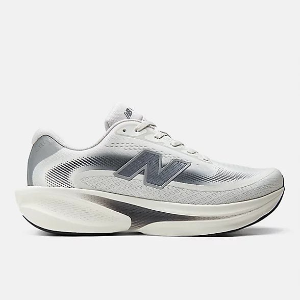 White and gray running shoe with black accent stripes and white midsole