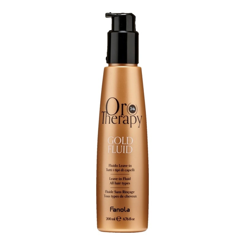 Gold leave-in fluid bottle with pump dispenser for hair treatment and styling