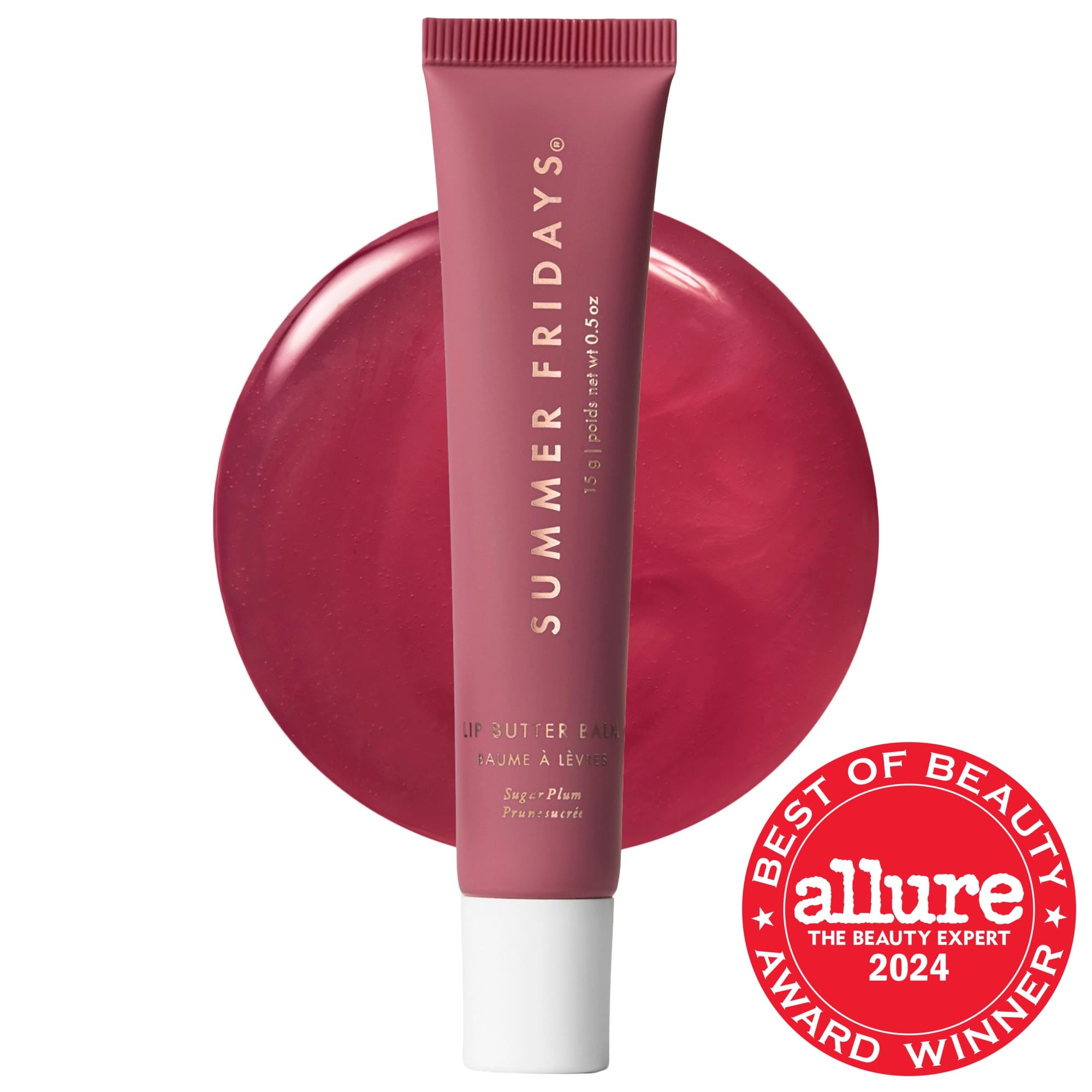Mauve lip butter balm tube labeled Summer Fridays with Allure Best of Beauty 2024 award badge