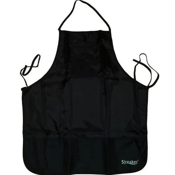Black adjustable apron with front pockets and neck strap for hair styling or salon use