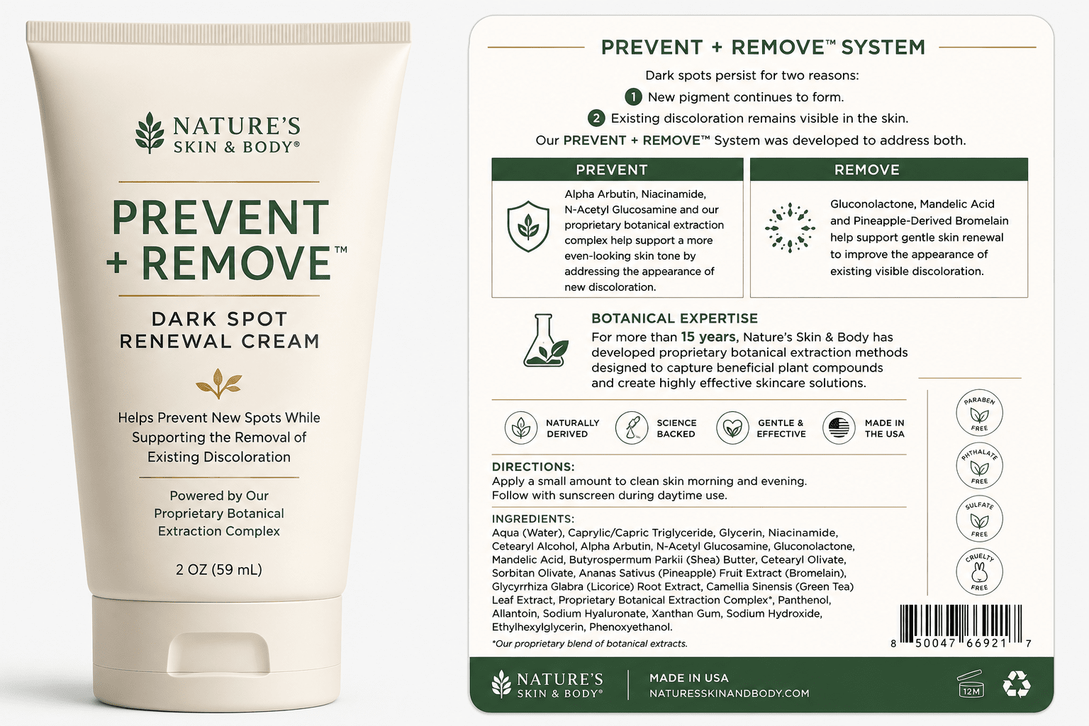 Beige tube of dark spot renewal cream with product information panel showing botanical ingredients and system benefits