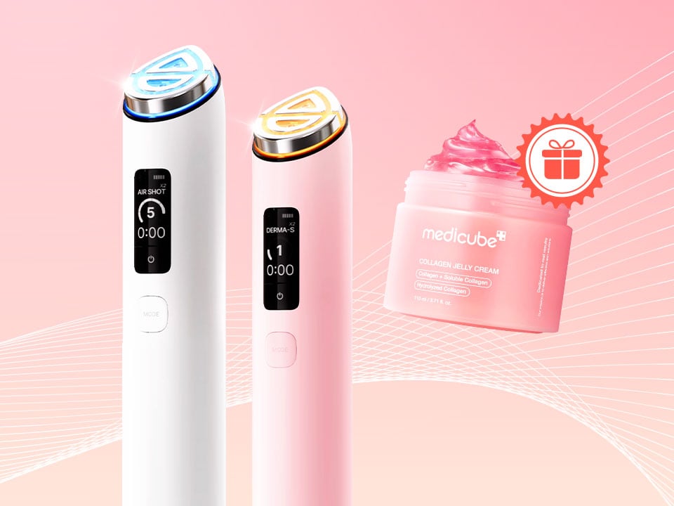 Pink-toned product display showing two white and pink electronic facial treatment devices alongside a pink jar of collagen cream with a gift badge