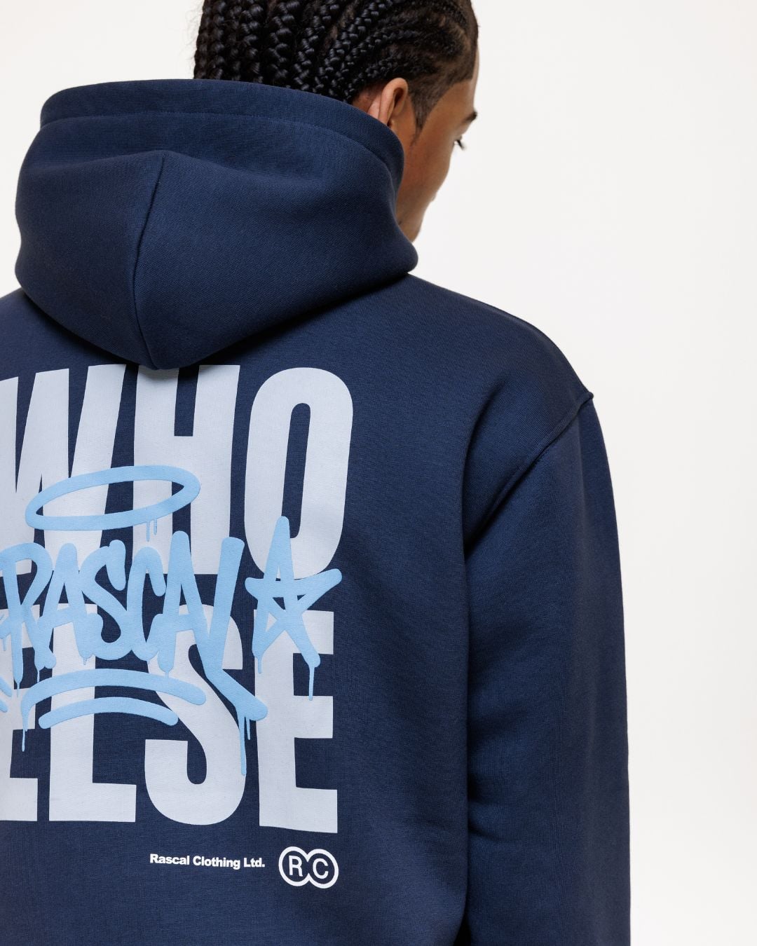 Back view of person wearing navy hoodie with large white and light blue graphic text and logo