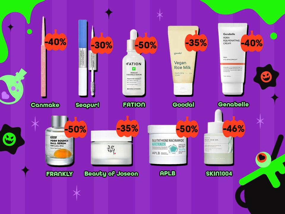 Colorful promotional display featuring 8 skincare and makeup products with discount percentages ranging from 30-50% off on a purple background
